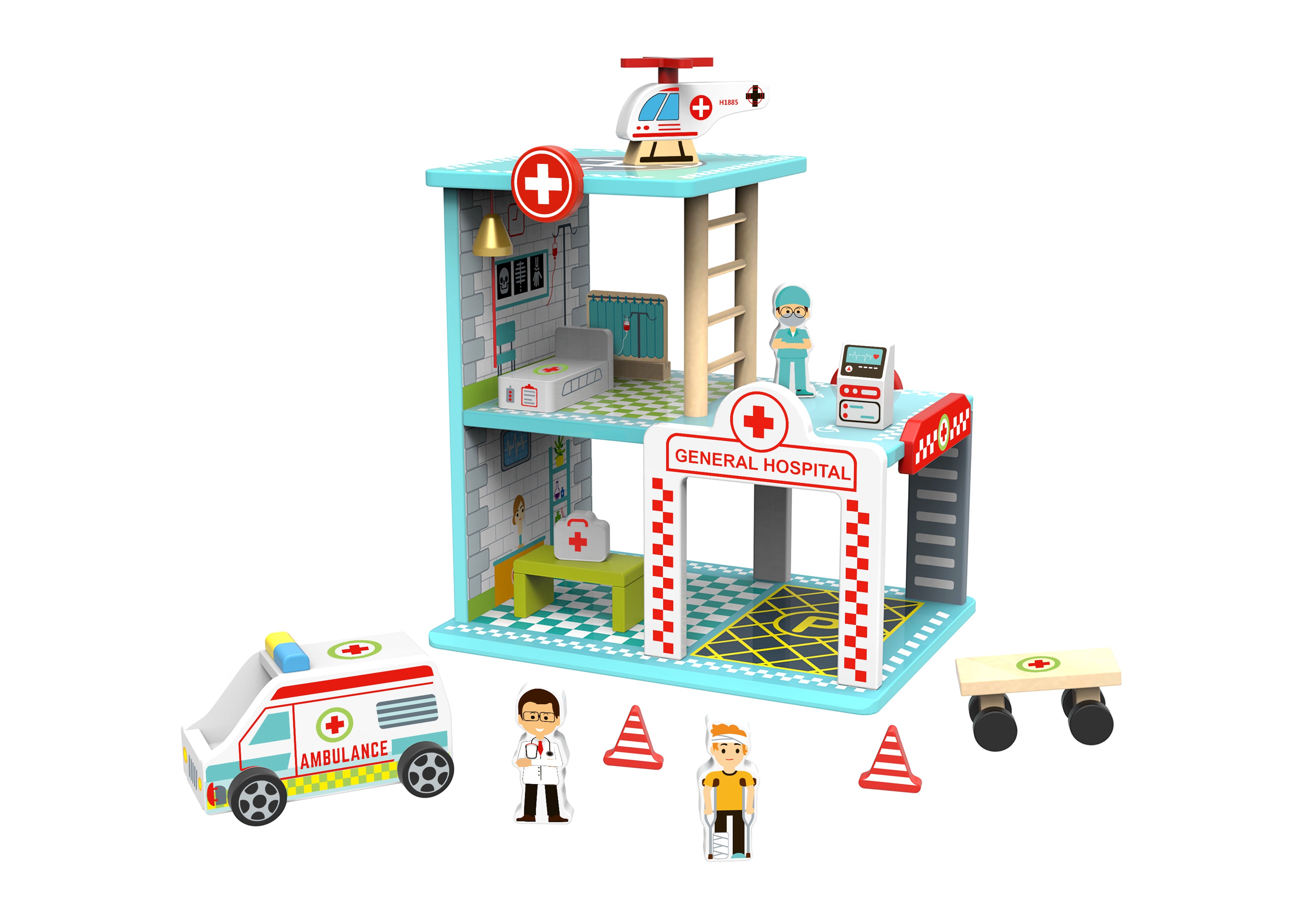 Toysters My Hospital Station Wooden Emergency Vehicle Playset