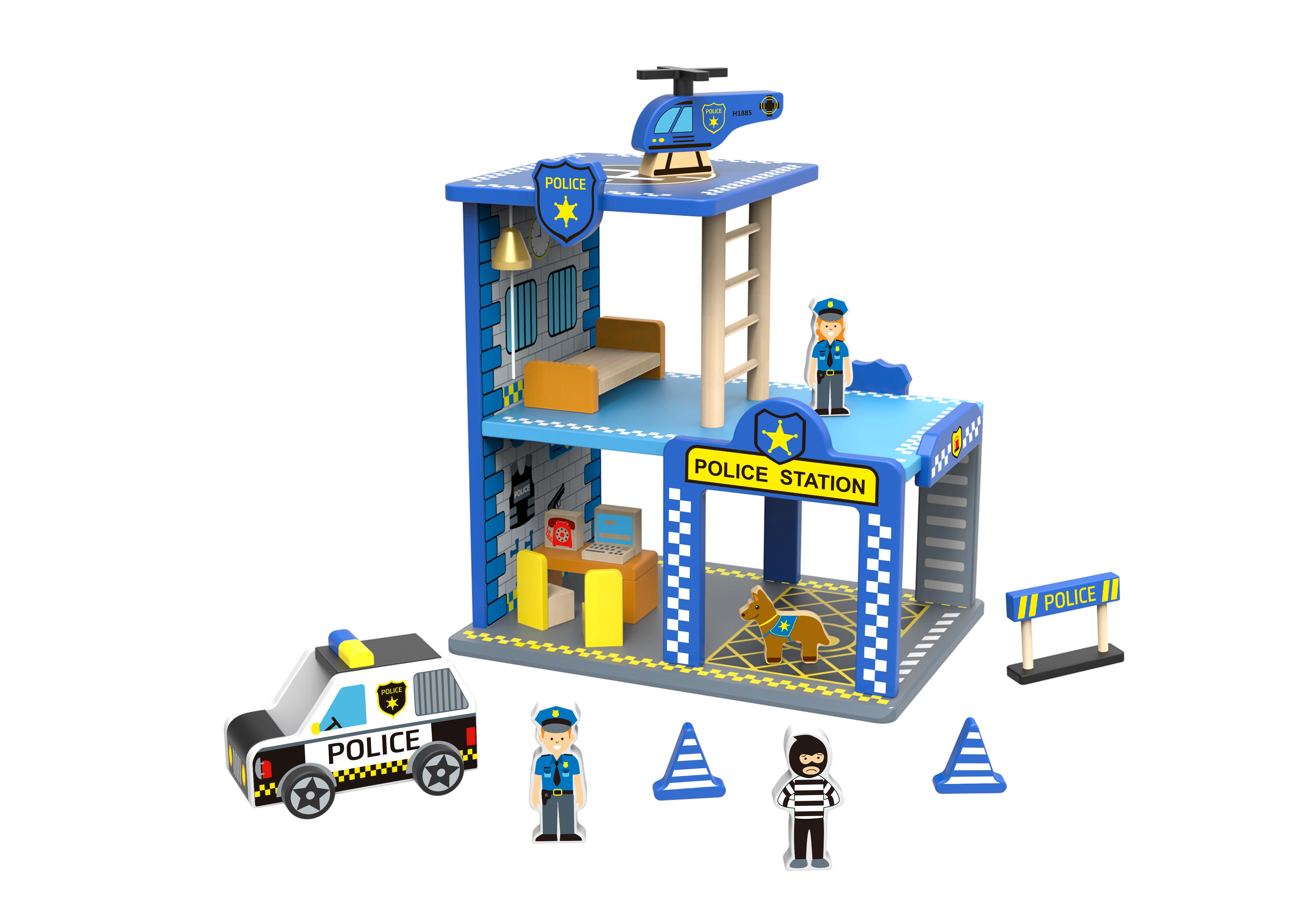 Toysters My Big Police Station Wooden Emergency Vehicle Playset