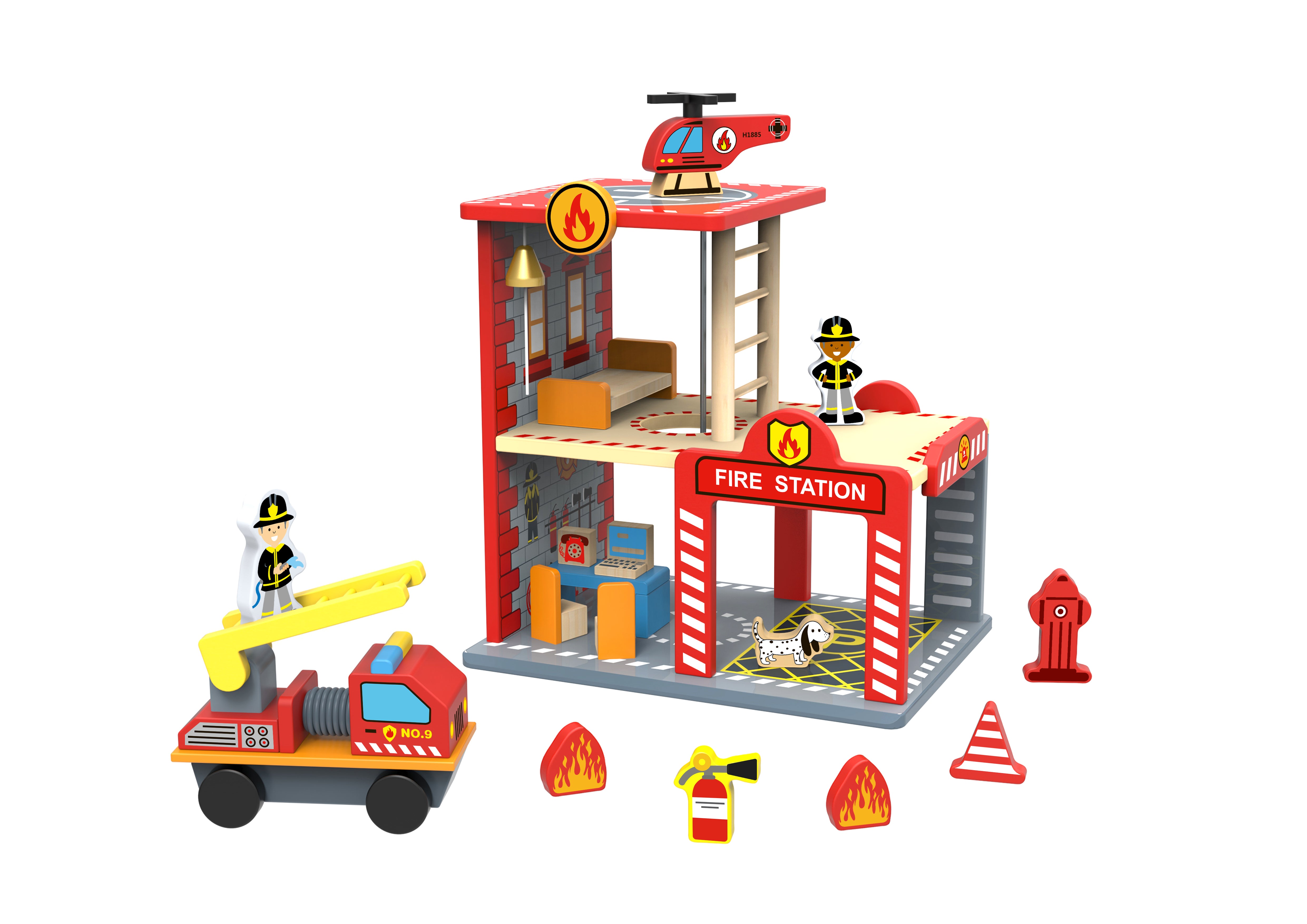 Toysters My Big Fire Station Wooden Emergency Vehicle Playset